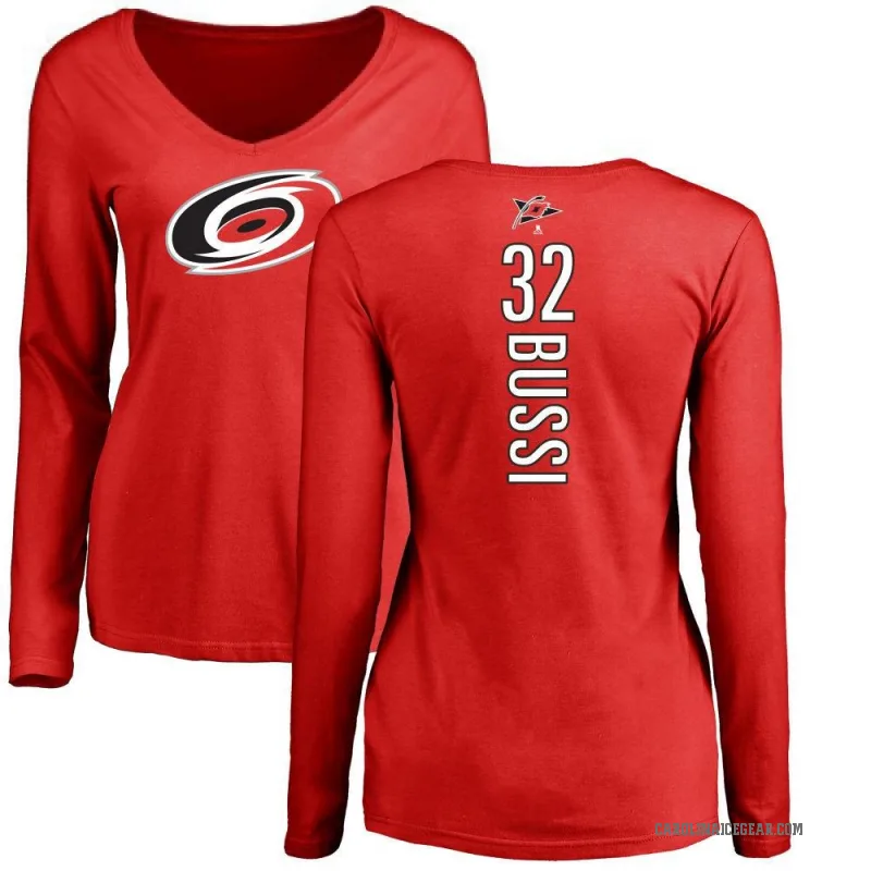 Brandon Bussi Women's Red Carolina Hurricanes Backer Long Sleeve T-Shirt -