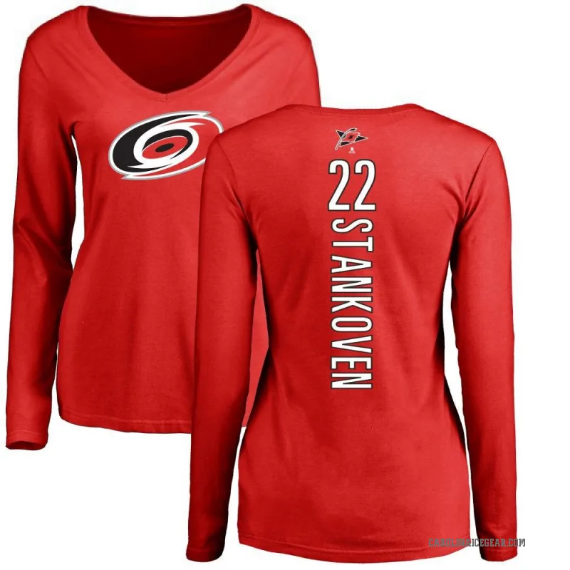 Logan Stankoven Women's Red Carolina Hurricanes Backer Long Sleeve T-Shirt -